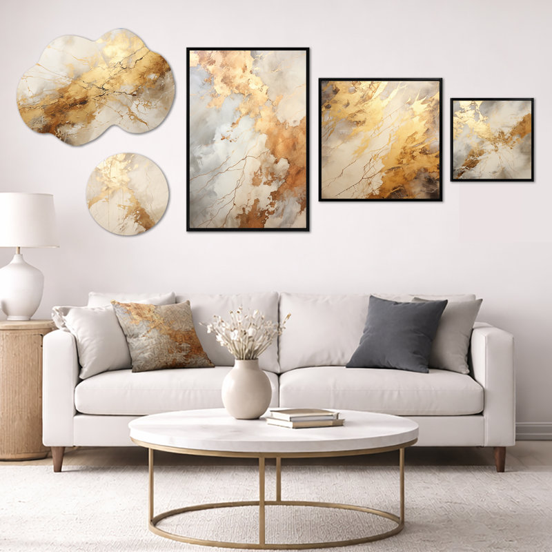 «Beige & Gold Marble Lightning II», ensemble de 5 grandes reproductions d'art mural, en métal et sur toile abstraite (100 po x 40 po)