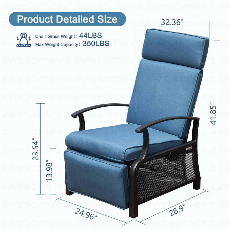 Adjustable Patio Recliner Chair Metal Outdoor Lounge Chair With Flip Table Push Back, Adjustable Angle, Removable Cushions, Support 350Lbs