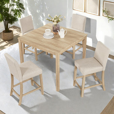 5-Piece Counter Height Dining Table Set with 4 Upholstered Chairs, Square Wooden Kitchen Table Set