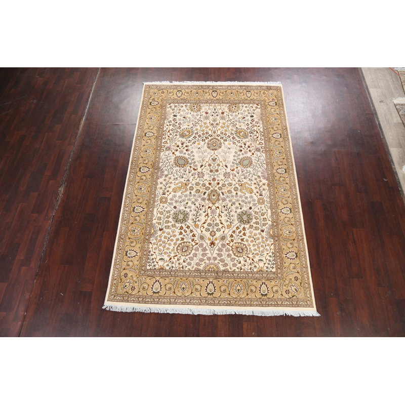 Tapis ivoire / en laine noué à la main de conception unique 6 pi 2 po x 9 pi 5 po New Age