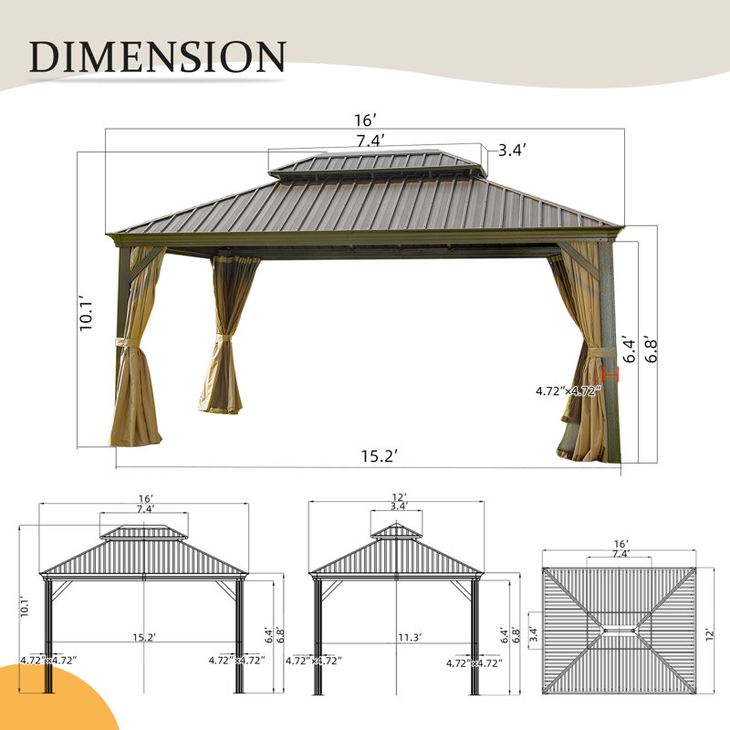 Outdoor Aluminum Patio Gazebo with Galvanized Steel Double Roof, 16 ft x 12 ft, Brown