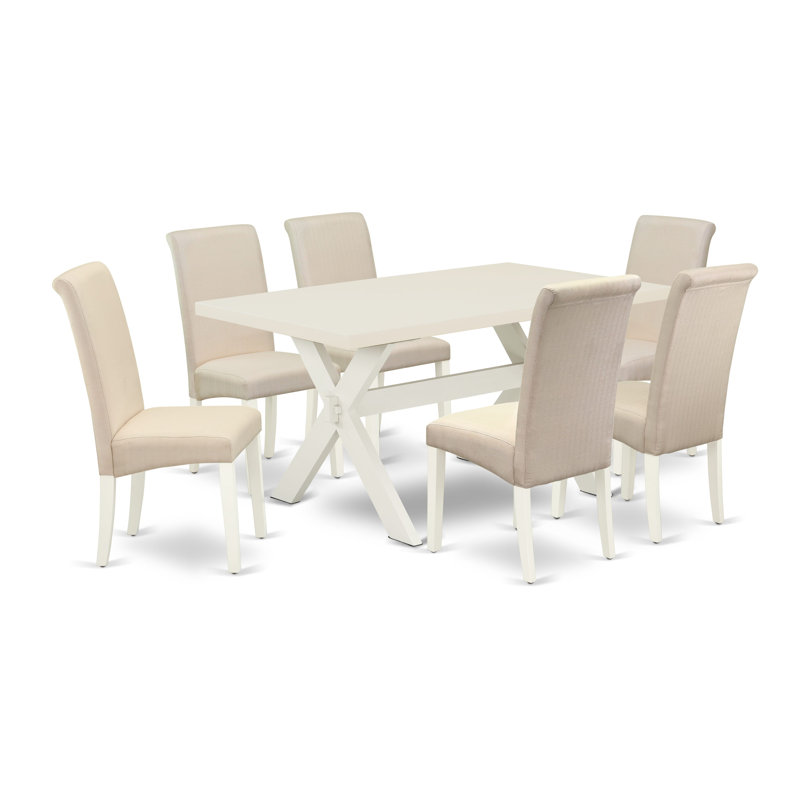Kitchen Table Set Includes a Rectangle Dining Room Table with X-Legs and Cream Linen Fabric Upholstered Chairs, linen white