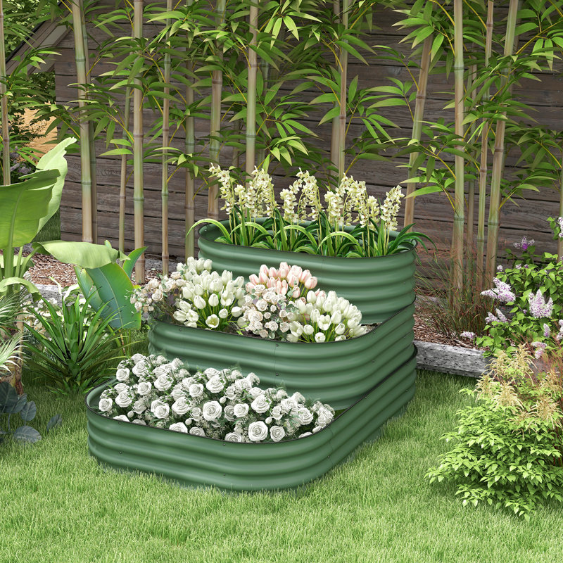 Ensemble de lit de jardin surélevé en acier galvanisé à 3 niveaux, Vert