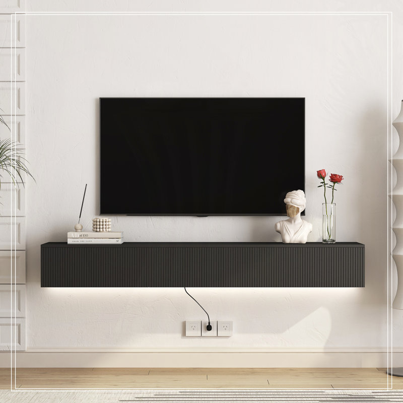 Floating TV Stand Wall Mounted with 16 Color LEDs, Modern Entertainment Center, 9.17" H x 68.8" L x 11.8" W, Black
