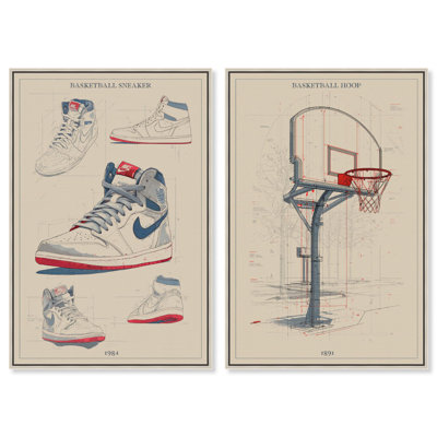 Basketball Blueprints set Canvas Print Sports Wall Decor Set by Art Remedy, Black Frame, 10 x 15