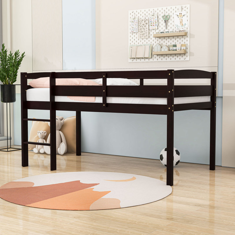 Lit mezzanine simple en bois avec échelle et garde-corps, Espresso