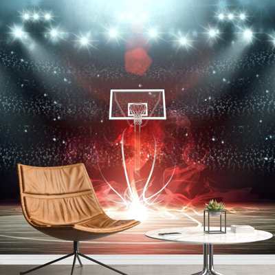 Fumée rouge, néon et terrain de basketball