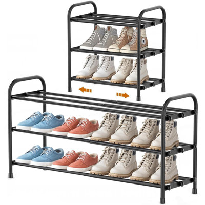 3-Tier Expandable Shoe Rack, Stackable And Adjustable Shoes Organizer Storage Shelf, Sturdy And Durable Metal Structure Free Standing Shoe Rack For Cl