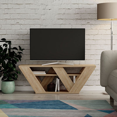 Meuble télé moderne en chêne avec option de fixation murale, 43,3 po x 15,7 po x 15,0 po | 100% panneau de particules enduit de mélamine, épaisseur: 0,7 pouce | Nombreuses tablettes pour le rangement, brun élégant pour les salons contemporains