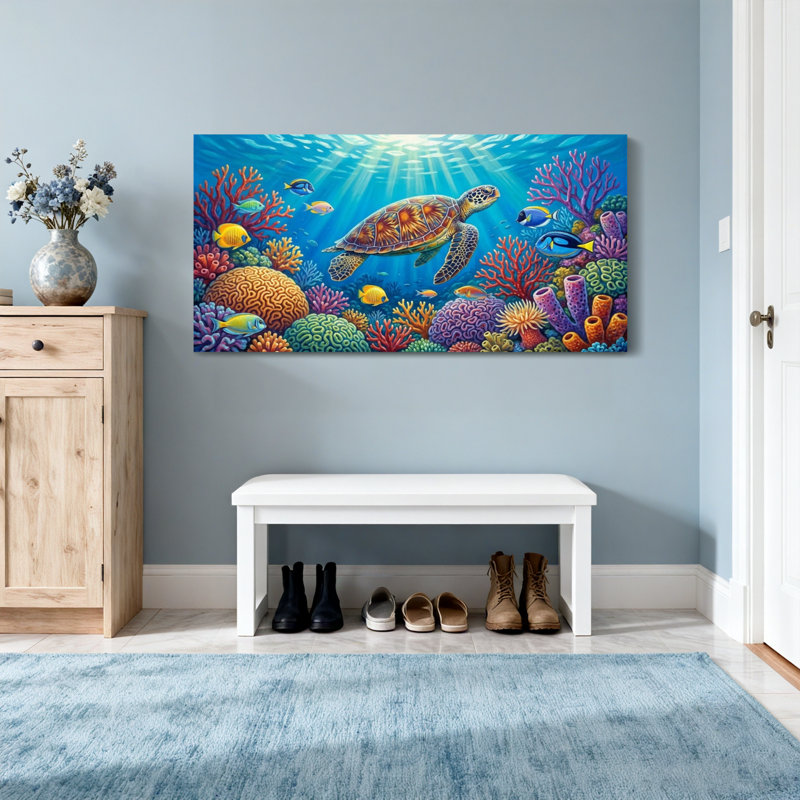 Animaux, tortue de mer, récif de corail, art coloré, H 24 po x l 48 po