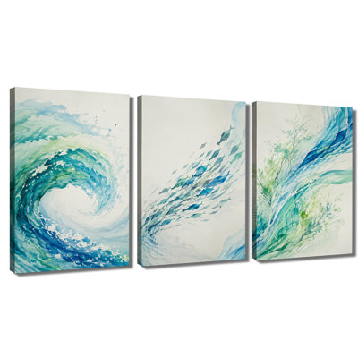 Tableau mural à 3 panneaux, aquarelle, vague, banc de poissons, impression sur toile tendue