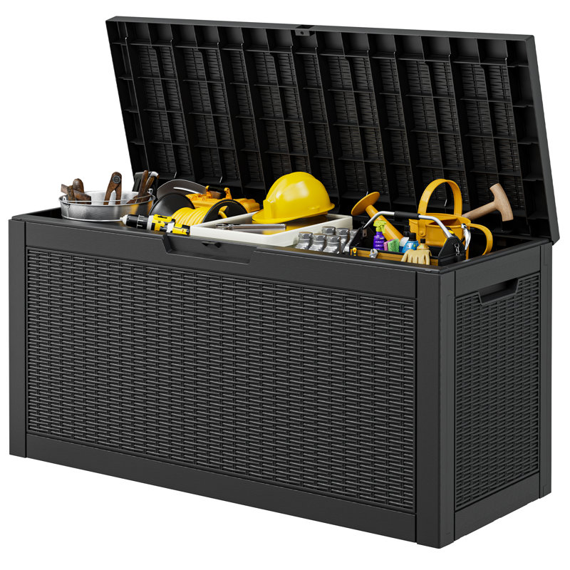75 Gallon Outdoor Storage Box, Resin Deck Boxes Outdoor Waterproof, Black