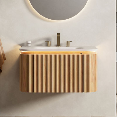 DIEN 30'' Bathroom Vanity&Sink, Floating Curved Edges Striped Cabinet with Drawer, Sensor Light, Travertine-Pattern Sintered Stone Hot-bent Integrated Basin, Pre-assembled