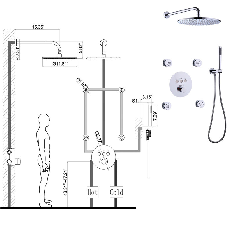 Système de douche thermostatique complet à 4 jets pour la salle de bain avec valve brute, Chrome