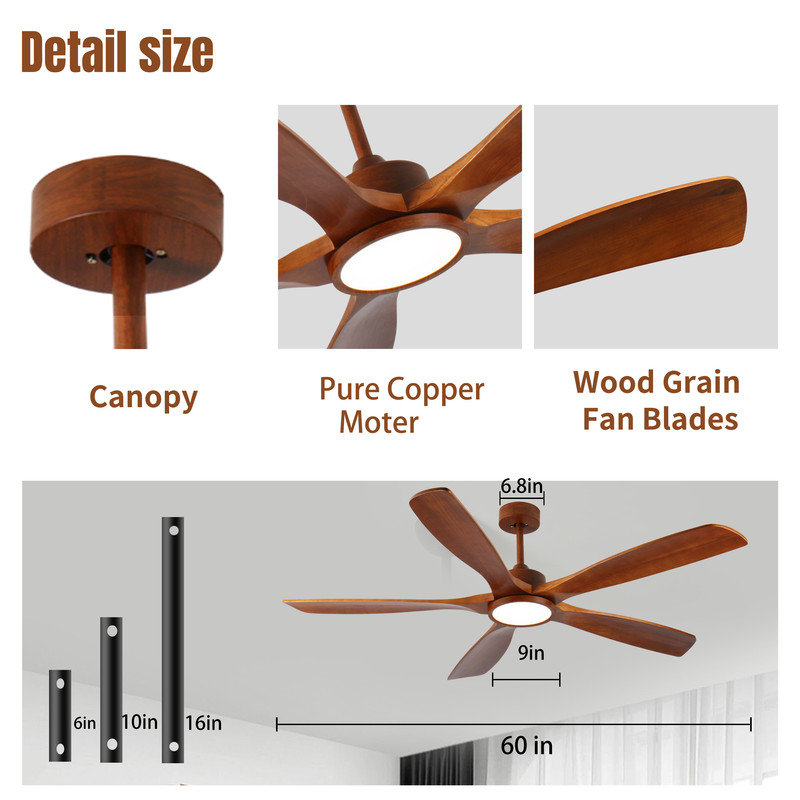 Ventilateur de plafond en bois avec télécommande 5 pales en bois, moteur à courant continu réversible, 6 vitesses, éclairage à intensité variable