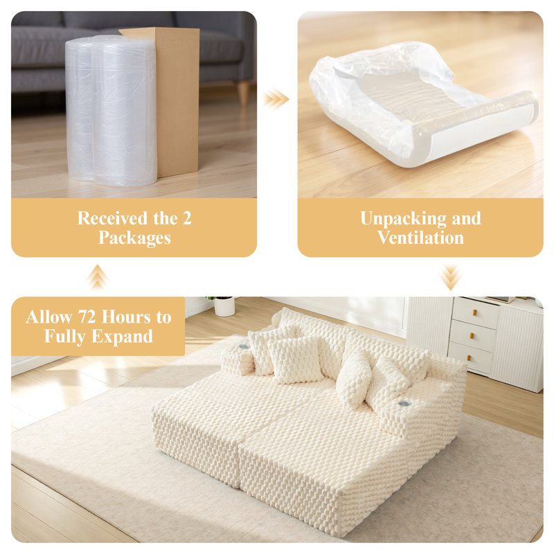 74.8" Faux Fur Upholstered Sleeper Sofa Couch, Pearl