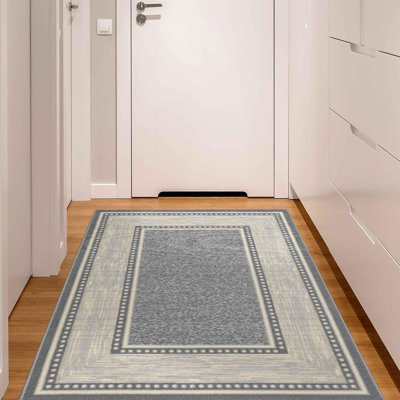 Non-Slip Bordered Area Rug For Living Room, Hallway Runner, Entryway Rug, Gray