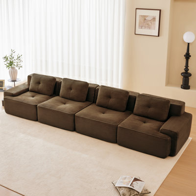 153 Inch Modern Modular Sectional Sofa With Corduroy Fabric, Deep Seating, Pearl-Like Piping, Tufted Design, And Anti-Slip Base, No Assembly Required, Brown