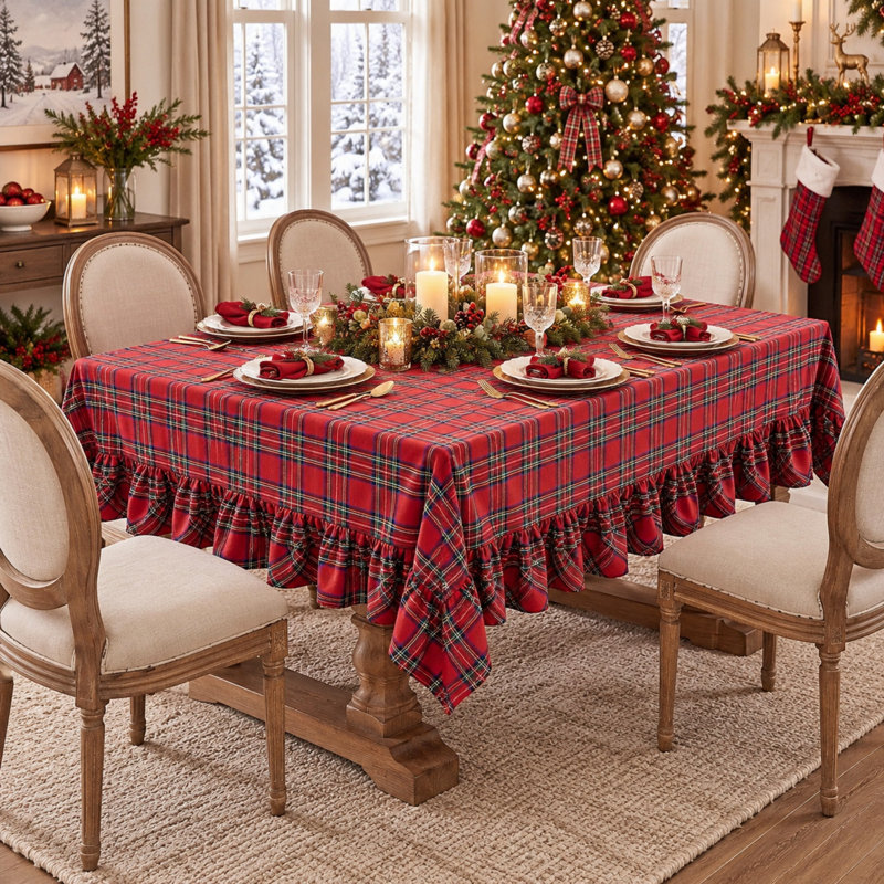 Red Ruffled Plaid Christmas Tablecloth, 60 by 120 Inch