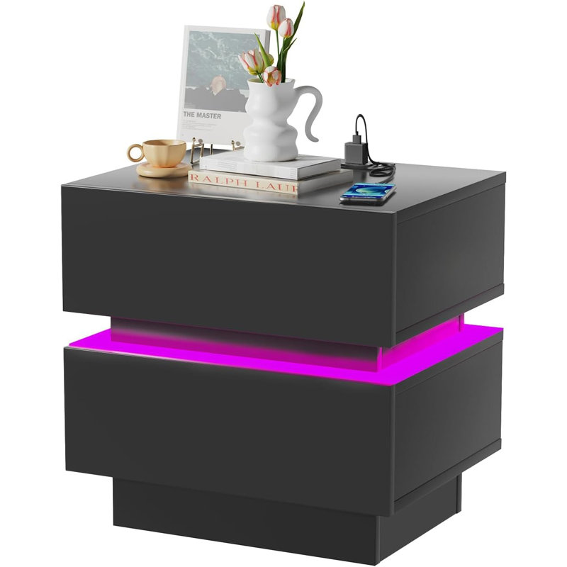 Bedside Table with 2 Drawers, Black Bedside Cabinet with LED Light & UK Charging Station 2AC/2USB, Wooden Side Table for Bedroom Living Room Sofa Side Corner Cabinet, UK Plug