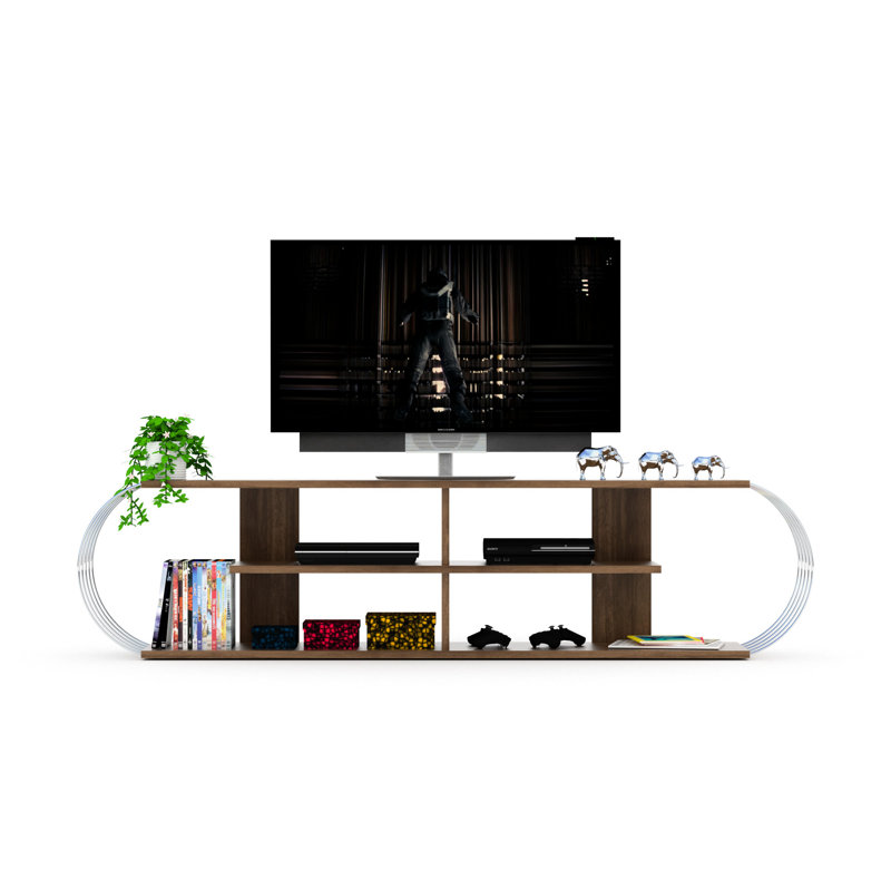 Mid Century Modern 68 Inch Tv Unit, Open Storage With 4 Shelves, Walnut/, Solid Wood Stand, Walnut/ Entertainment Centre