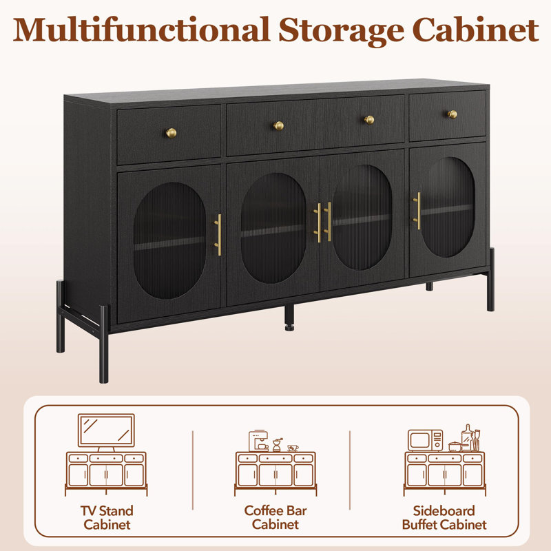 Buffet 62 "avec 3 tiroirs et 4 portes en verre, Noir
