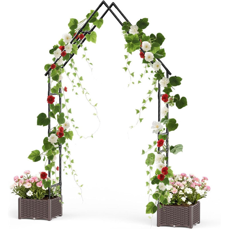 94" Metal Garden Arbor Trellis with Planter Boxes, Outdoor Archway for Climbing Plants & Patio