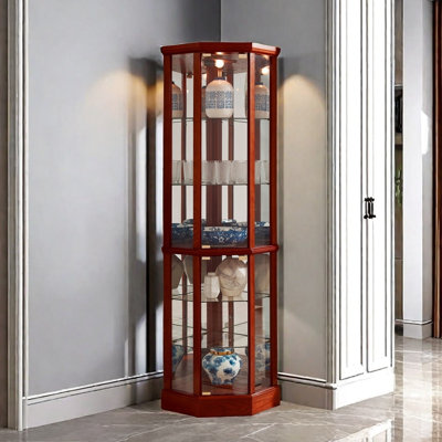 6 Shelf Lighted Corner Curio Cabinet With Adjustable Tempered Glass Shelves And Mirror Back(E26 Light Bulb Not Included) by Wrought Studio