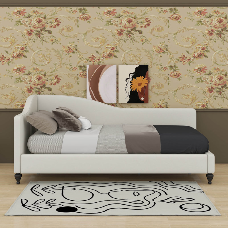 L-Shaped Linen Daybed With Solid Wood Legs, Beige, Twin