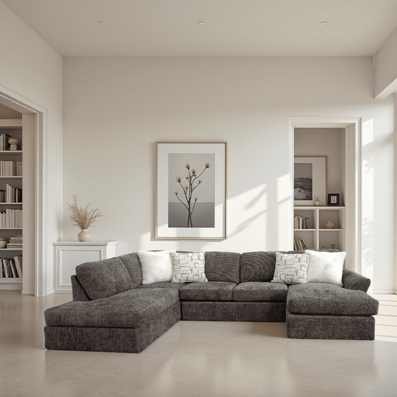 U-Shaped Sectional Sofa with Double Chaise Lounges & Accent Pillows - Raquel Shark Fabric, Deep Cushion Seating