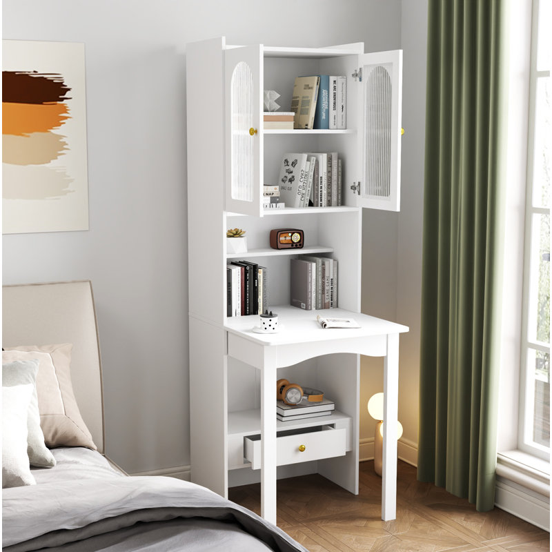 Table d'écriture pliable, armoire de bureau avec tablette et tiroir, Blanc
