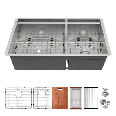 Topcraft 33“ X 19” X 10" Undermount Double-Bowl Stainless Steel Kitchen Workstation Sink With Accessories (60/40)