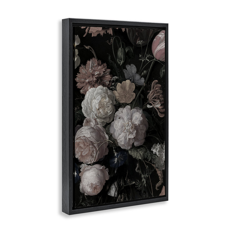 Cadre flottant foncé avec arrangement de fleurs, design par Annabelle Hall, Cadre flottant noir de jais, H 25 po x l 17 po