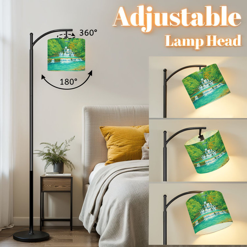 Arc Floor Lamp with Adjustable Lampshade Waterfall Landscape Nature Lake Waterfalls Greenery Rock Flowing Standing Lamp 3 Color Temperatures Dimmable Tall Pole Lamp with Foot Switch for Bedroom
