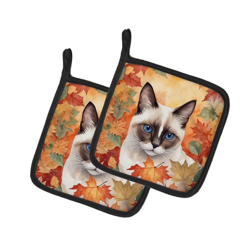 Snowshoe Cat in Fall Leaves Pair of Pot Holders