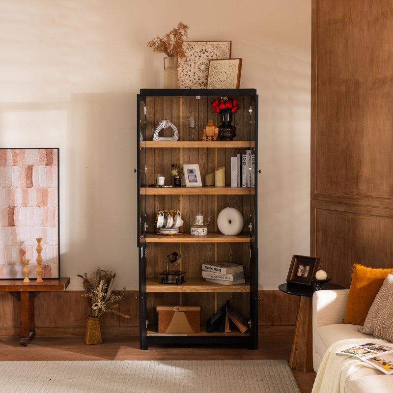 Retro - Vitrine moderne en placage de bois de frêne avec 5 tablettes, pieds solides et deux tons pour la cuisine