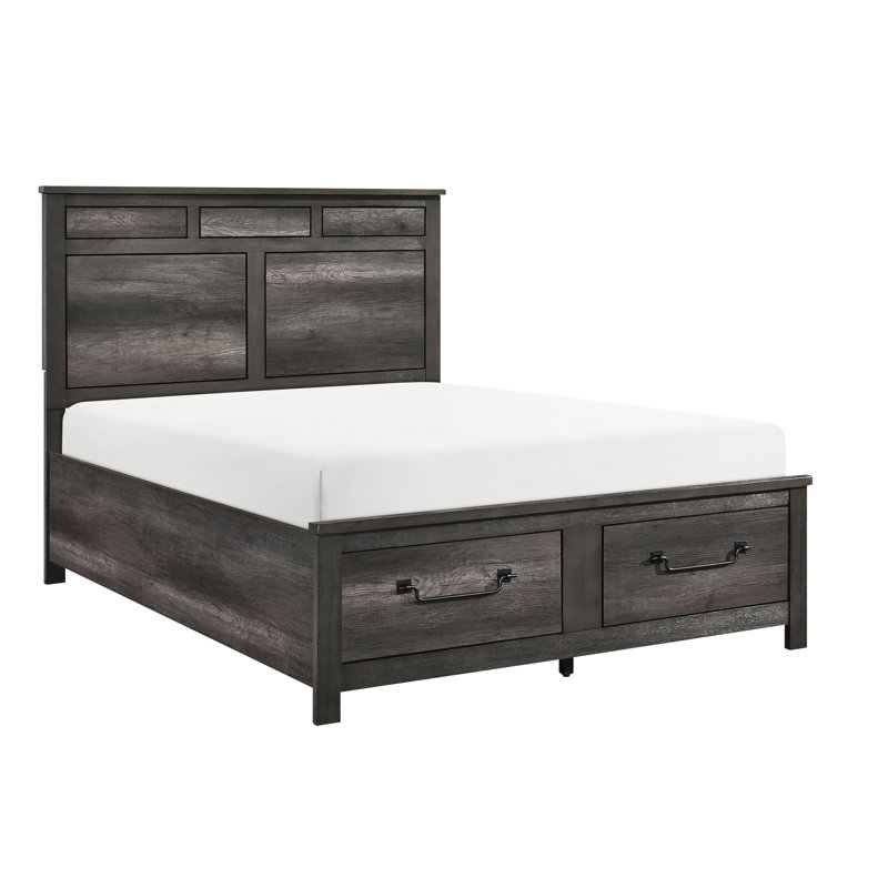 Grand lit plateforme gris, style traditionnel, rangement, bois et bois d'ingénierie