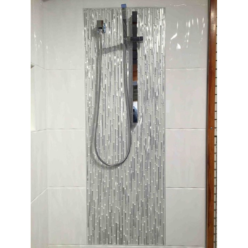 Waterfall Linear Glass And Metal Mosaic Tile, White/Silver