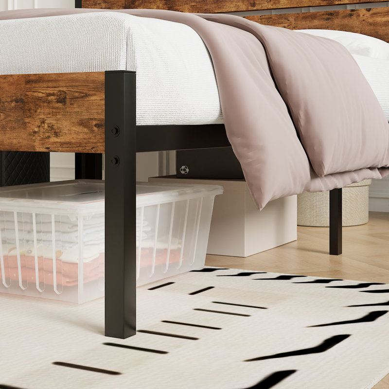 Alicia Queen Metal Bed Frame with Wooden Headboard & Footboard, Rustic Industrial Farmhouse Platform Bed with Heavy Duty Steel Support, No Box Spring Required, Under Bed Storage, Noise-Free Mattress Foundation, Brown