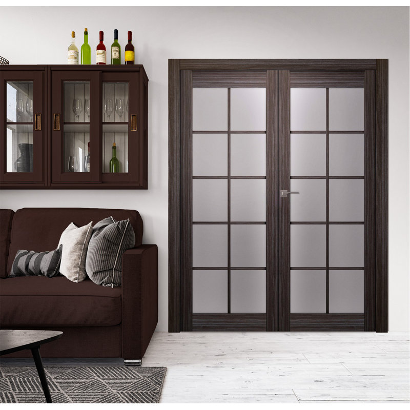 Gray Oak Composite Double Prehung French Door with Frosted Glass