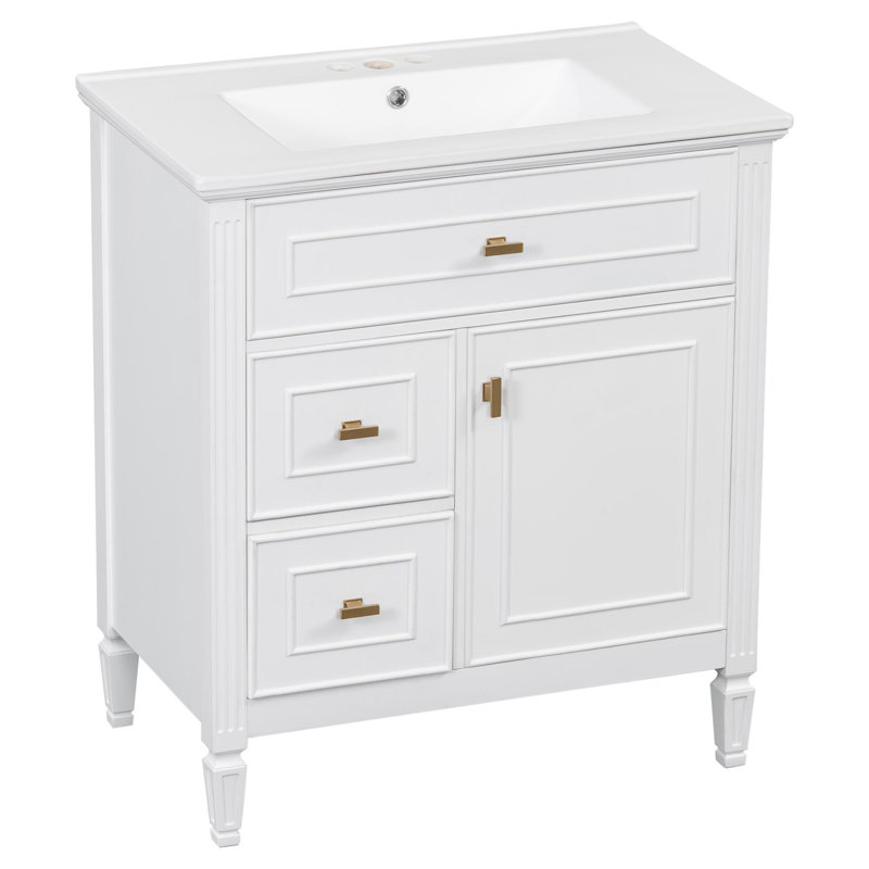 30" freestanding bathroom vanity with ceramic sink, White
