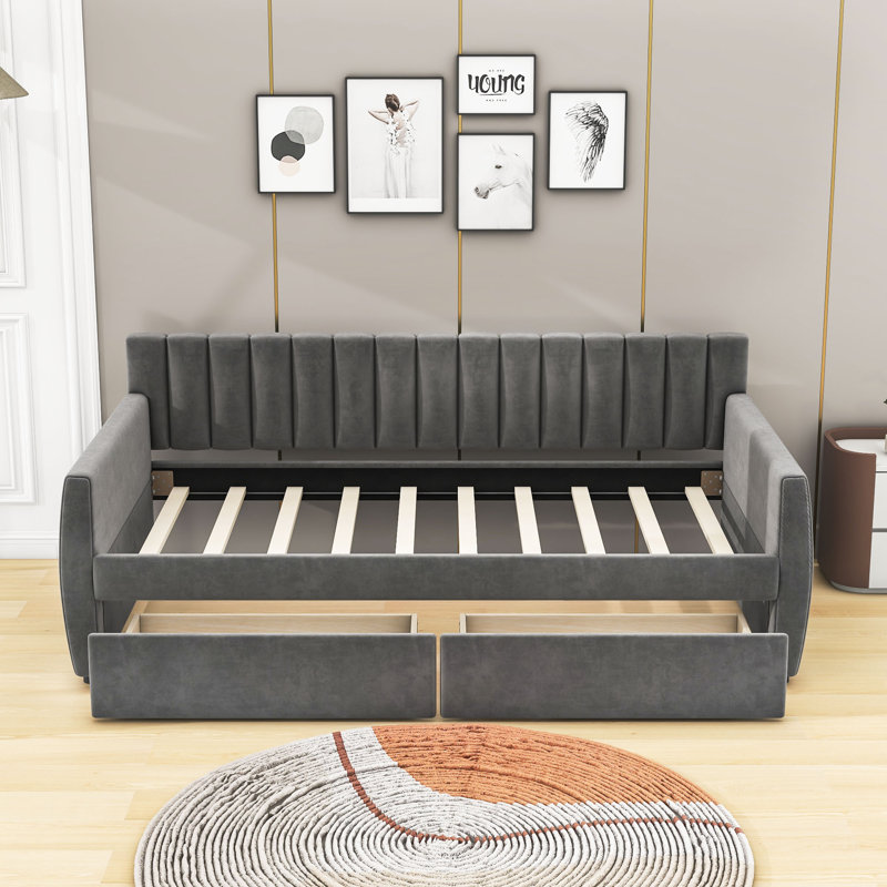 Markar Twin Size Two Drawers Upholstered Daybed, Gray