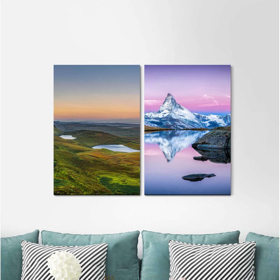 2-tlg. Leinwandbilder-Set - Fotografie „Matterhorn Snowy Peaks Landscape Lake Green Untouched Silence”