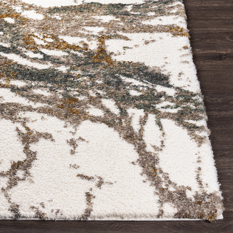 Tapis crème / vert foncé tissé à la machine Azarcon, Rectangle 2 pi x 3 pi