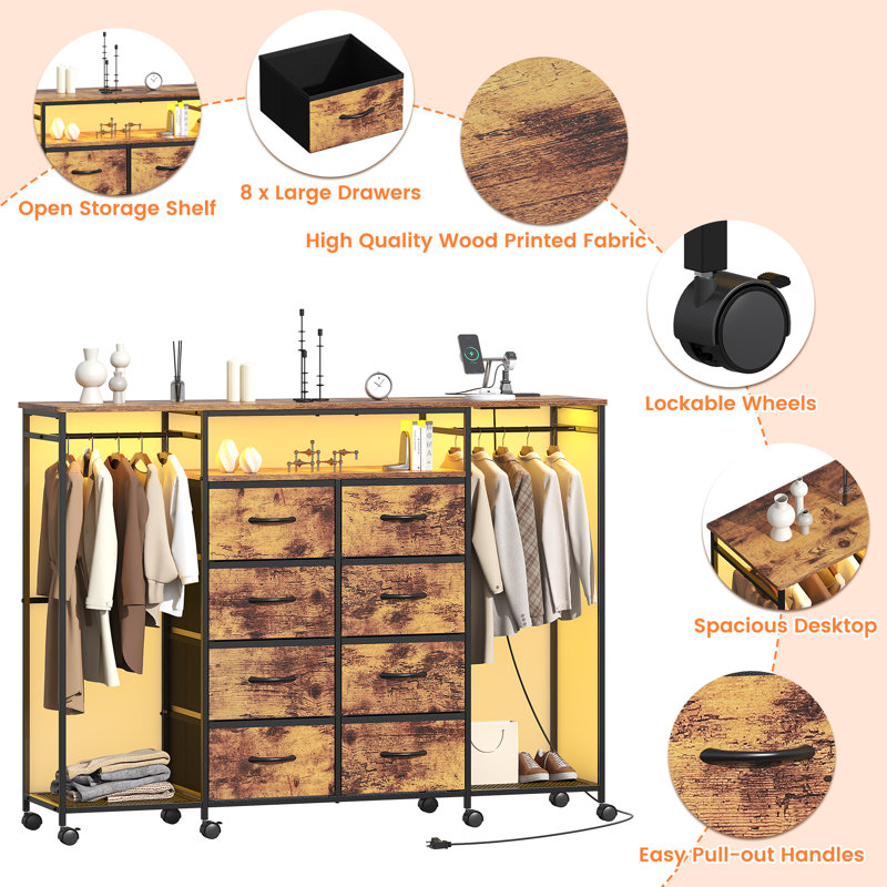 59.1" W Dresser for Bedroom with Hanging Rack, 8 Drawer Dresser with LED Lights & Charging Station, Fabric Dressers with Portable Wheels,Metal Frame, Wooden Top