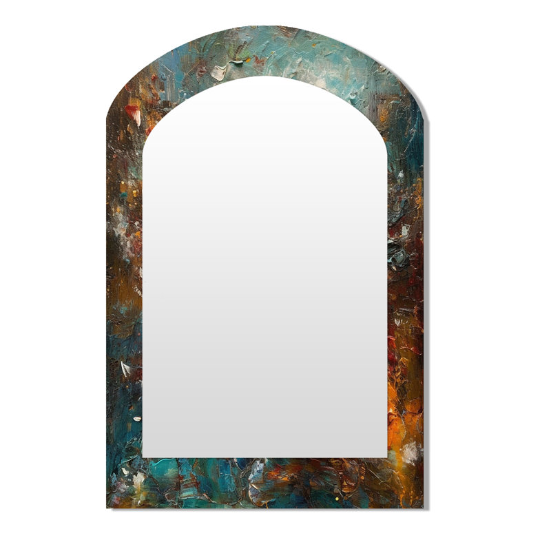 Automne bonheur après-midi abstrait rouge orange bleu I - peinture abstraite miroir asymétrique, miroir mural décoratif arche bleue, impression sur métal