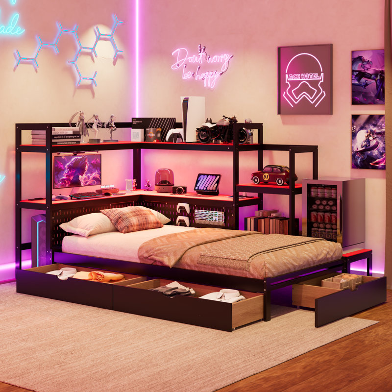 Lit de jour avec bureau intégré et lumière DEL, base de lit moderne avec 3 tiroirs de rangement et station de charge intégrée, bibliothèque multifonctionnelle pour tête de lit