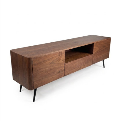70.8 Inch Walnut TV Stand for TVs up to 85 Inches, MDF Media Console with Storage Cabinet, Cable Management & Soft-Close Hinges, Sturdy Iron Legs, Artsy Style Entertainment Center for Living Room