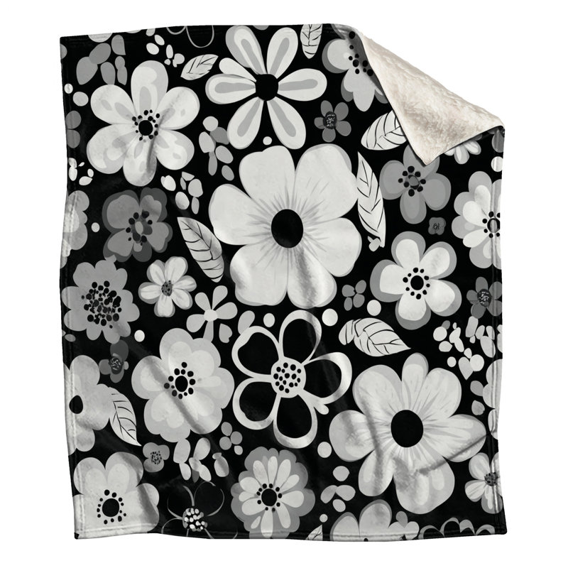 Jeté Floral, L 60 po x l 50 po, Motif floral blanc / noir