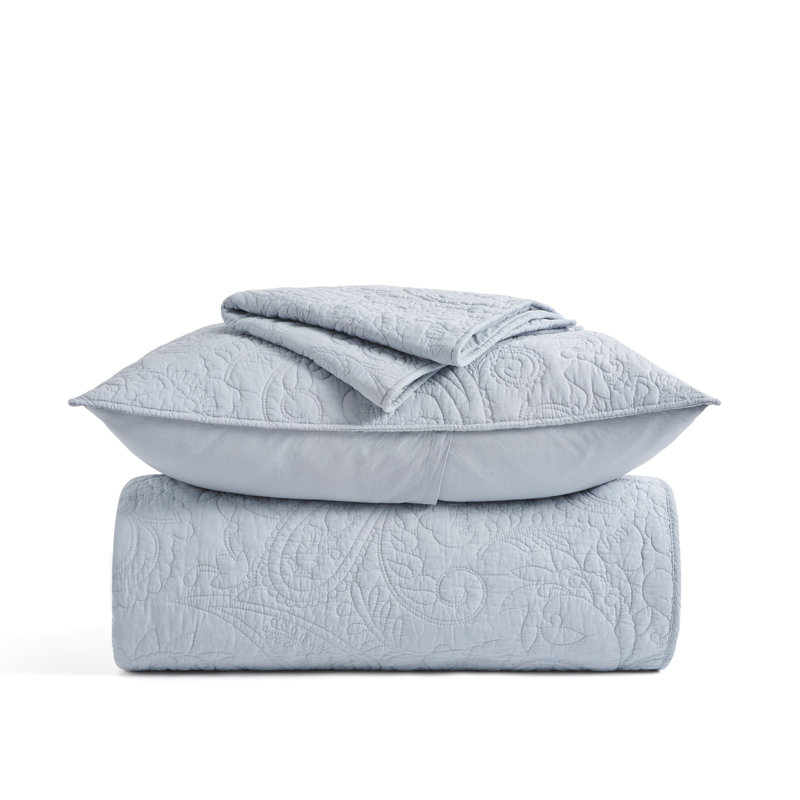 Paisley 100% Cotton Quilt Set 3 Pieces, Pearl Blue, King Quilt + 2 King Shams